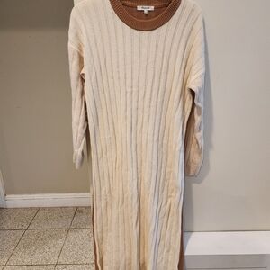 Madewell Cream Ribbed Crewneck Sweater Dress with Brown Trim